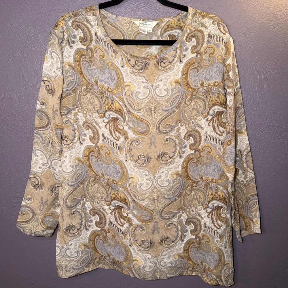 Henri Bendel New York Womens Silk Paisley Blouse Gold Tan Long Sleeve Size M